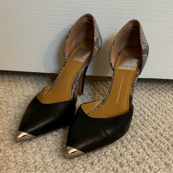 DOLCE VITA Black and Snakeskin Print Heels with Silver Pointed Toes - Picture 7 of 8